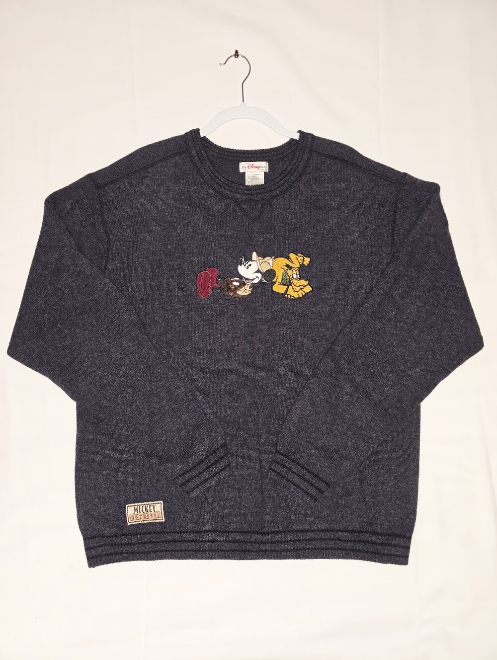 Vintage Disney Wool Charcoal Crewneck Sweatshirt with Embroidered Mickey & Pluto